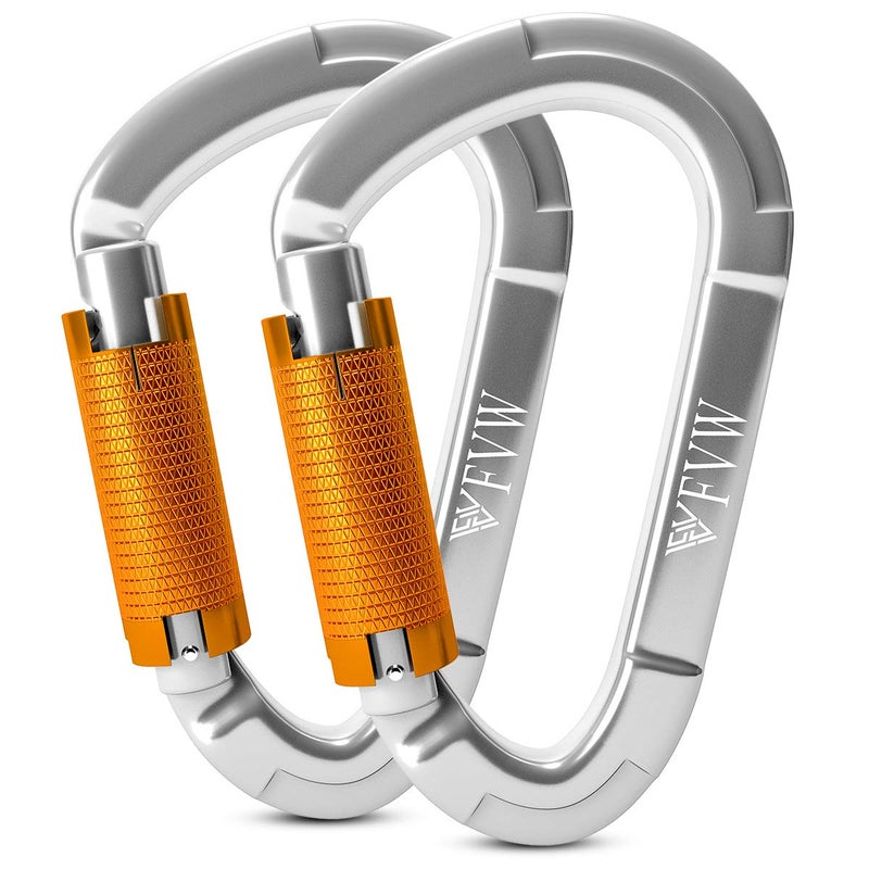 FVW Auto Locking Rock Climbing Carabiner Clips, UIAA Certified Professional 25KN (5620 lbs) Heavy Duty Caribeaners for Rappelling Swing Rescue & Gym etc, Large Carabiners, D-Shaped (silver-2pcs) - Image 1